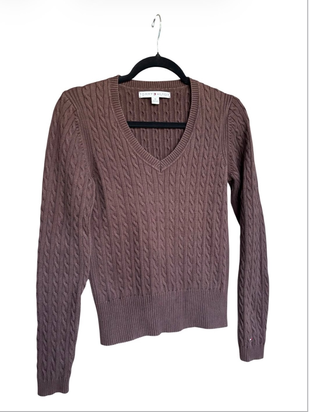 Tommy Hilfiger Womens M Brown Cable Knit V Neck Pullover Sweater Flag Logo